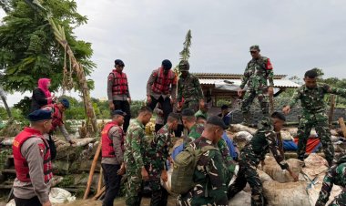 Brimob Polda Metro Jaya Dan TNI Tangani Tanggul Jebol di Muara Gembong