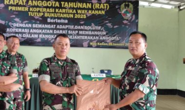 Komandan Kodim 0427/Way Kanan, Letkol Arm Sigit Windarto, S.Sos., M.Han., memimpin langsung Rapat Akhir Tahun (RAT) Koperasi Kodim 0427
