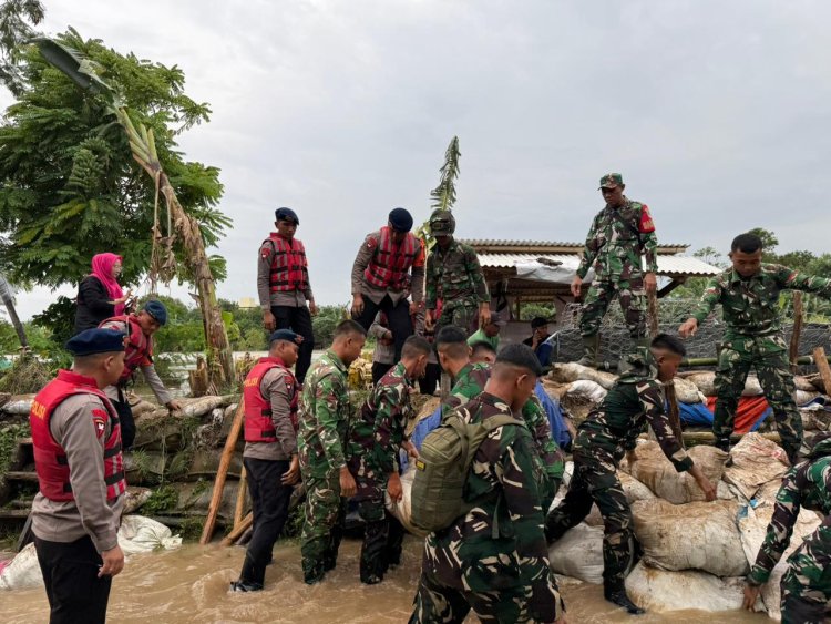 Brimob Polda Metro Jaya Dan TNI Tangani Tanggul Jebol di Muara Gembong