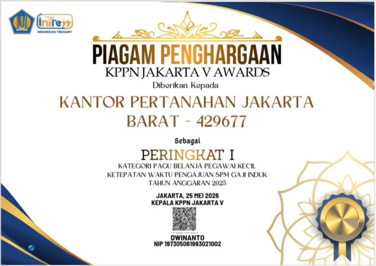 Wujudkan Tata Kelola Bersih, Kantor Pertanahan Jakarta Barat Raih Dua Penghargaan KPPN Jakarta V Awards 2026