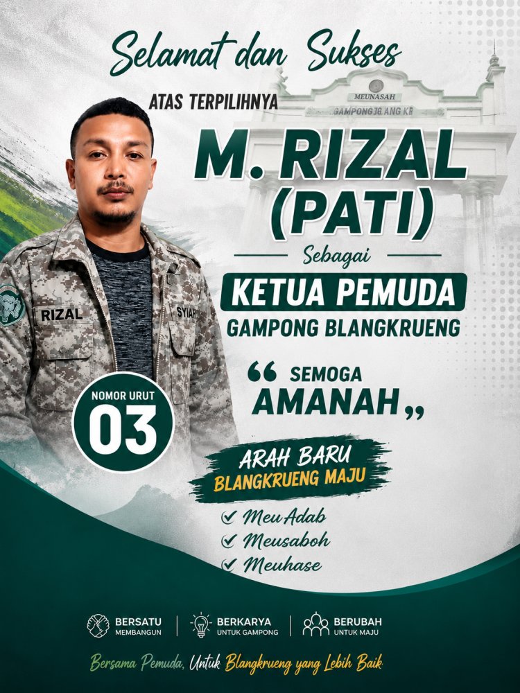M. Rizal Terpilih Pimpin Pemuda Gampong Blangkrueng, Usung Semangat “Arah Baru Blangkrueng Maju”