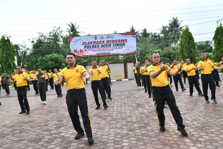 Olahraga Bersama HUT Bhayangkara ke-80, Polres Aceh Timur Perkuat Sinergi Lintas Lembaga