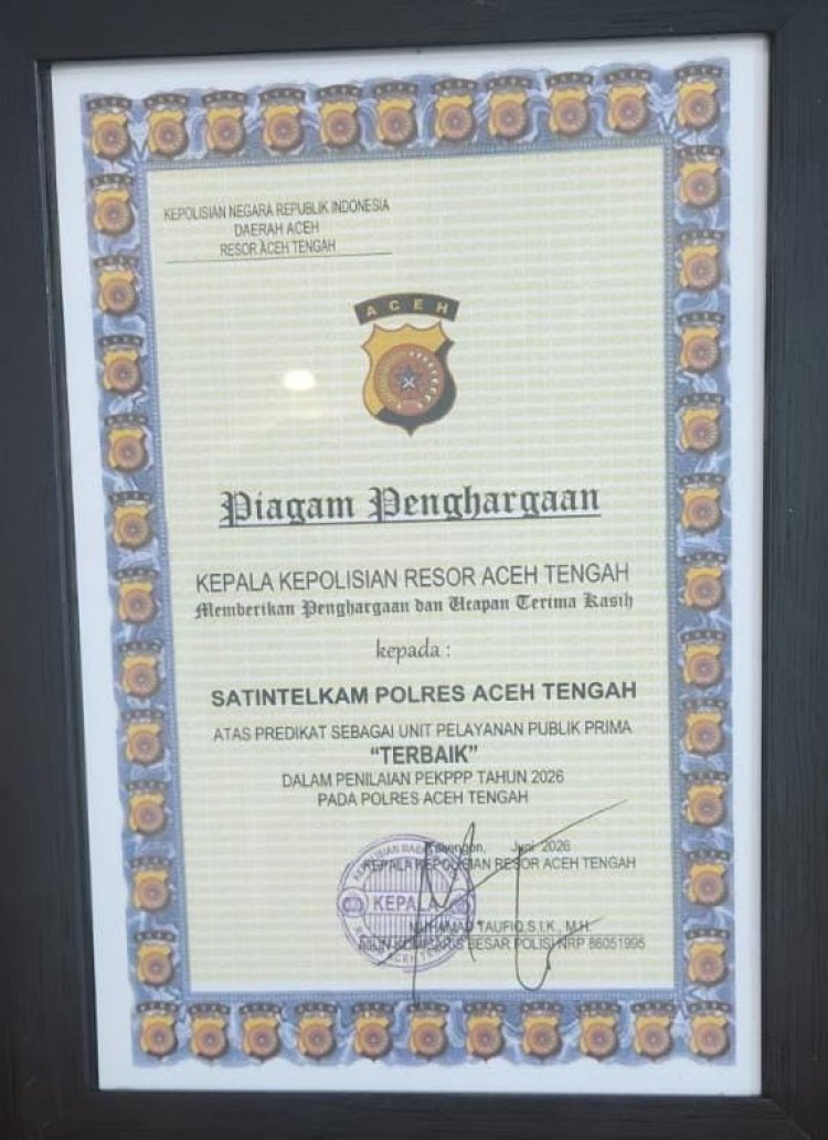 HUT Bhayangkara ke-80, Sat Intelkam Polres Aceh Tengah Raih Penghargaan Unit Pelayanan Publik Prima Terbaik