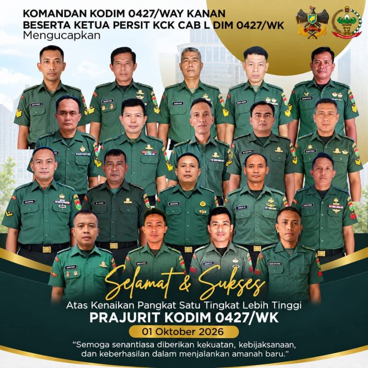 KOMANDAN KODIM 0427/WAY KANAN BERSAMA KETUA PERSIT UCAPKAN SELAMAT KEPADA PRAJURIT YANG NAIK PANGKAT