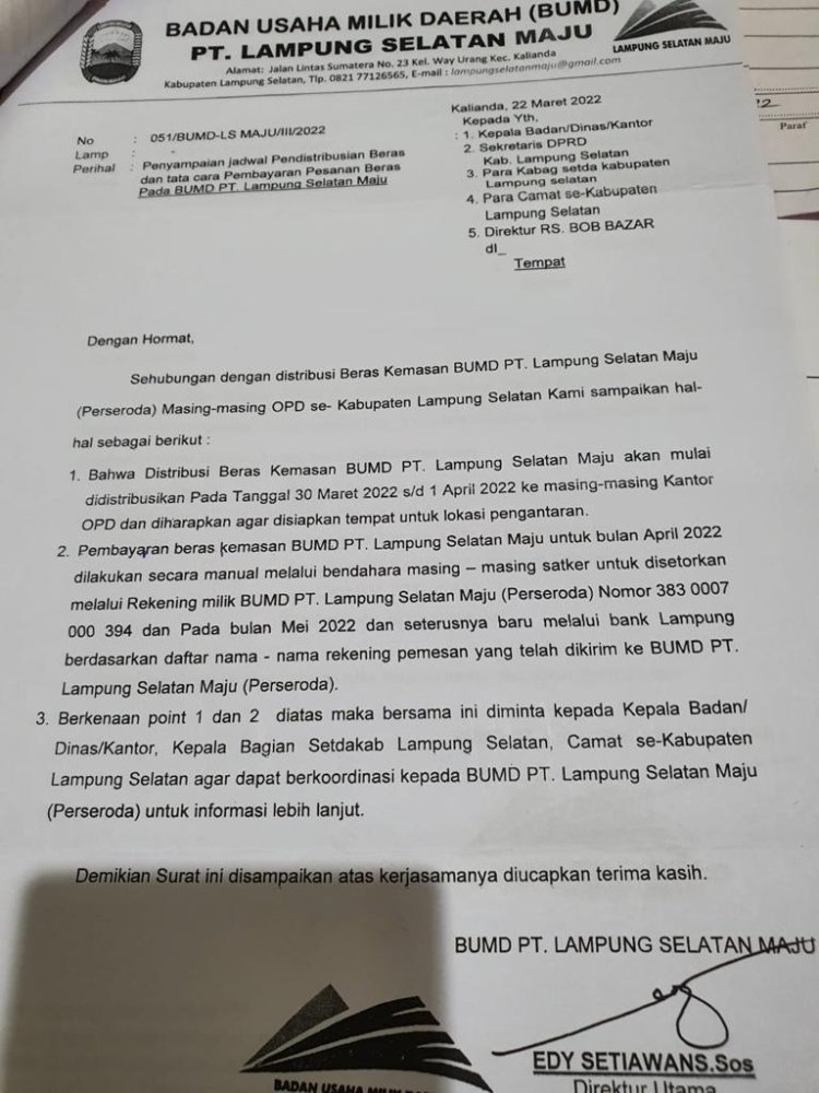 Pendistribusian Beras Oleh BUMD Pemkab Lamsel, Untuk Dibeli ASN Cukup Memberatkan