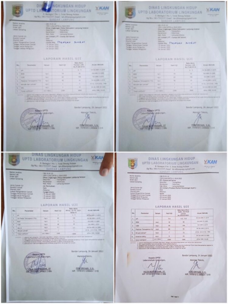 Hasil Lab Limbah PT Ciomas Adisatwa dari DLH Lamsel dengan Warga Berbeda