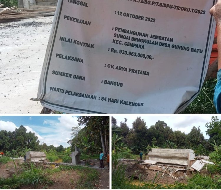 Di duga Proyek Pembangunan Jembatan Sungai Bangkulah Desa Gunung Batu Kecamatan Cempaka Tidak Rampung (Mangkrak)