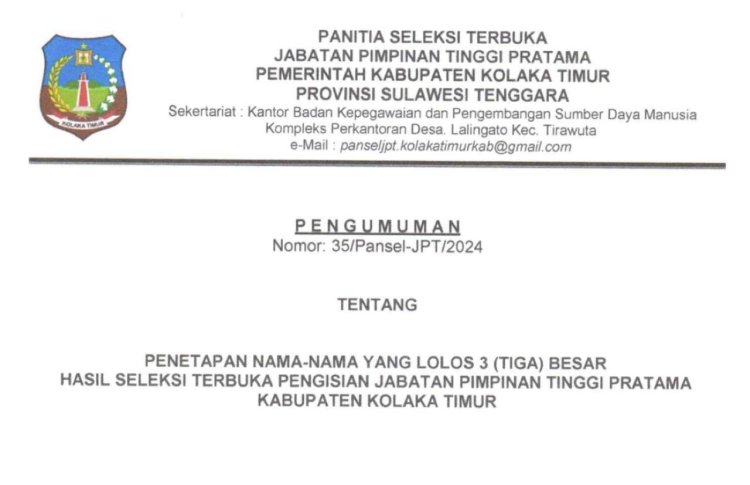 Seleksi Pengisian JPTP Kolaka Timur Resmi Diumumkan, Berikut Daftarnya