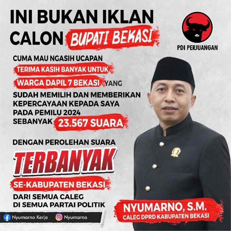 Pileg 2024 DPRD Kabupaten Bekasi, NYUMARNO Raih Suara Terbanyak 23.567 Suara
