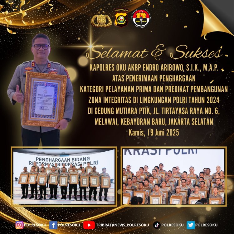 Polres Oku Kembali Terima Penghargaan Kategori Pelayanan Prima Dan Predikat Pembangunan Zona Integritas Di Lingkungan Polri Tahun 2024
