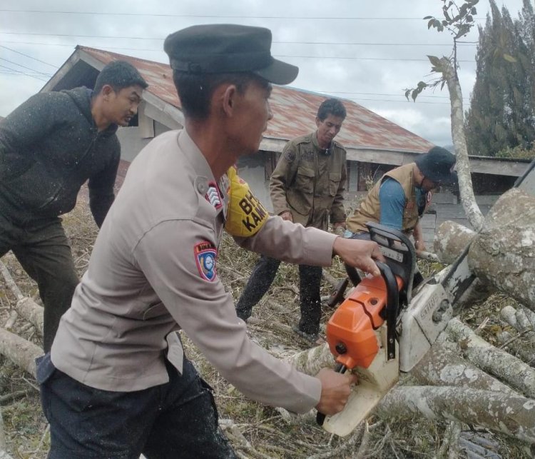Personel Polsek Bebesen Hadir dan Sigap Bantu Bersihkan Material Pohon Tumbang Akibat Angin Kencang